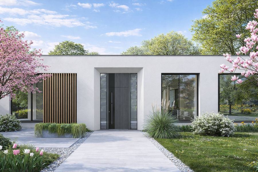 Hohe Aluminium-Haustür an einer modernen Fassade